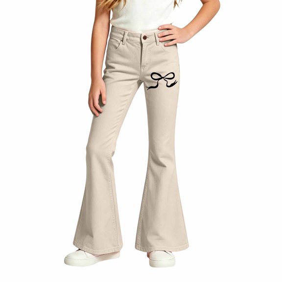 Landzoo Girls Flared Pants Bowknot Graphic Slim Fit High Waisted Fall Casual Kid Girls Trousers