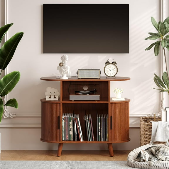 M optimized Wooden Record Player Stand with Charging Station and USB Ports, Rustic Vinyl Record Player Turntable Stand Storage Cabinet with Open Shelves Holder Mid-Century Design