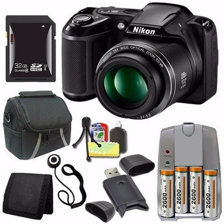 Nikon COOLPIX L340 Digital Camera (Black) (International Model No Warranty) + 4 AA Pack NiMH Rechargeable Batteries and Charger + 32GB SDHC Card + Case + Card Reader Saver