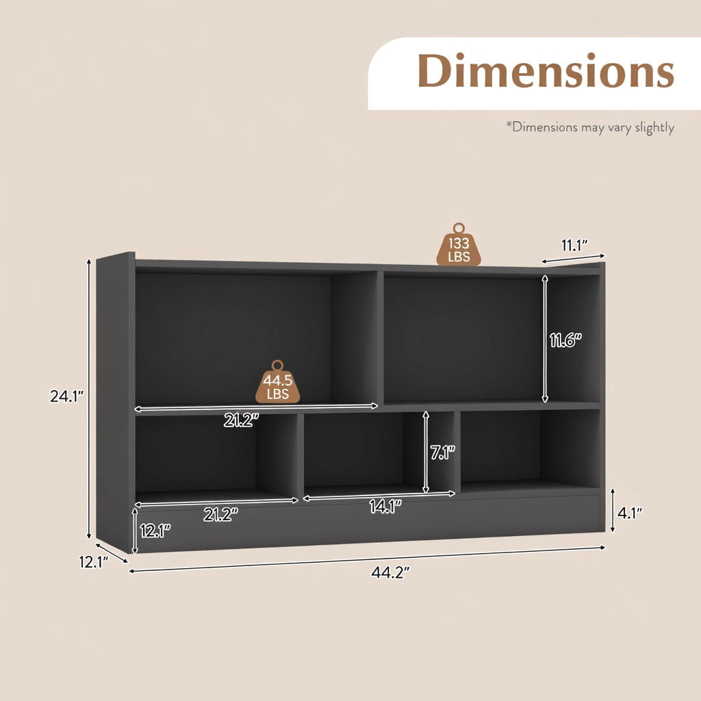 Barara King Kids Storage Unit Bookshelf,Toy Storage Organizer,Kids 2-Shelf Bookcase 5-Cube Wood Toy Storage Cabinet Organizer-Gray