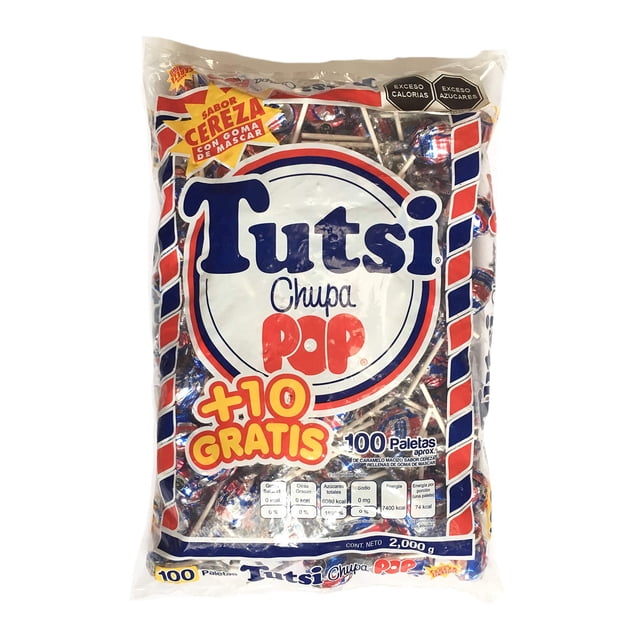Tutsi - Tutsi Pop Paleta de Caramelo Macizo Sabor Cereza rellena de Goma de Mascar. Bolsa con 100 Paletas