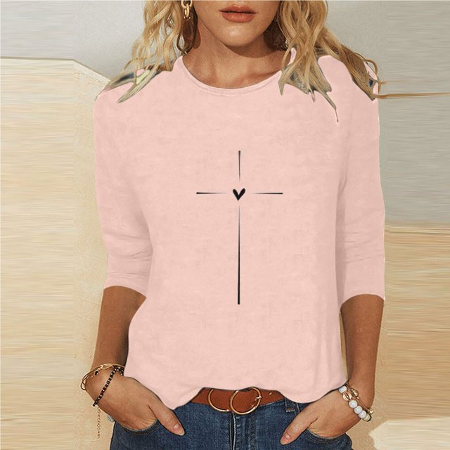 Jsaierl T-Shirts Foi Religieuse Chrétienne pour Femmes Manches 3/4 Col Rond Hauts Décontractés Tendance Blouses Imprimé Graphique Mignon