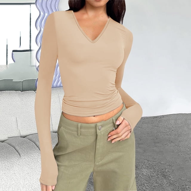 Qertyioot Mode Femmes Couleur Col Manches Longues T-Shirt Tricoté Blouse Ajustée Hauts