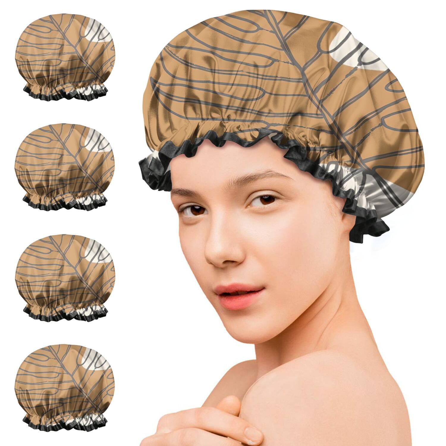 Shower Caps,Brown Boho Line Art Plant Pattern Waterproof Shower Cap for Women 4 Pieces,Double Reusable Hair Cover for Shower PEVA Elastic Stretch Hem