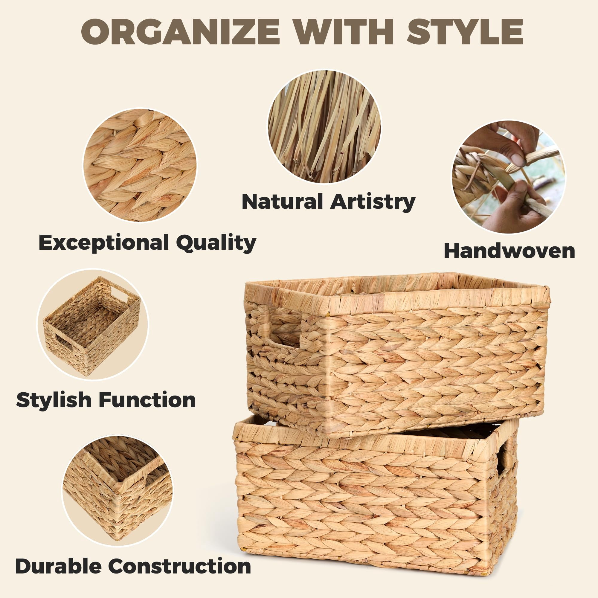 Woven Water Hyacinth Storage Baskets With Handles, Set of 2, Home Organization