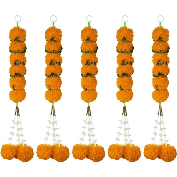 Trianu 5Pcs Day of The Dead Decoration Marigold Flower Garland Artificial Marigold Flower for Thanksgiving Halloween Diwali Mexican Party, Orange