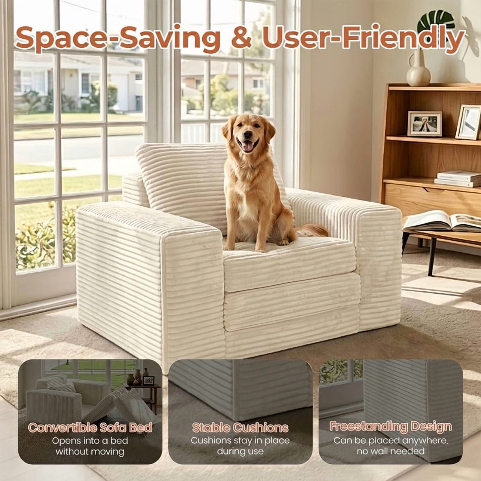 Boneless No Assembly Single Wide Arm Sofa, Memory Foam Convertible Sleeper Chaise Lounge Couch, Accent Chair Sofa Bed
