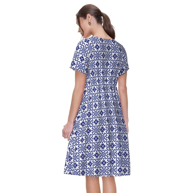 Horeoi Blue and White Porcelain Chinaware Print Women's Short Sleeve Dress Breathable Polyester-Spandex All-Over Print A-Line Side Pockets Elastic Horeoi Blue and White Porcelain Chinaware Print Women's Short Sleeve Dress Breathable Polyester-Spandex All-Over Print A-Line Side Pockets Elastic