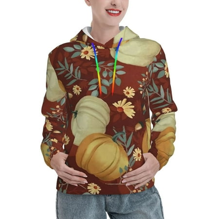 Autumn Pumpkins Maroon Background Cozy Women S Hoodie Pullover Sweatshirt With Kangaroo Pocket For Spring Fall(2XL)