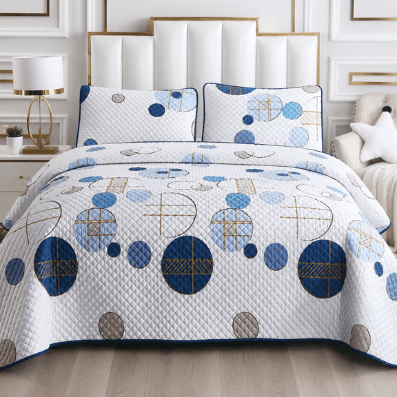 DBOZE Reversible Cotton Blend 3-Piece Embroidery Pattern Elegant Bedding Quilt Set with Embroidered Decorative Shams Soft Bedspread & Coverlet Set, Queen Size, Blue/White