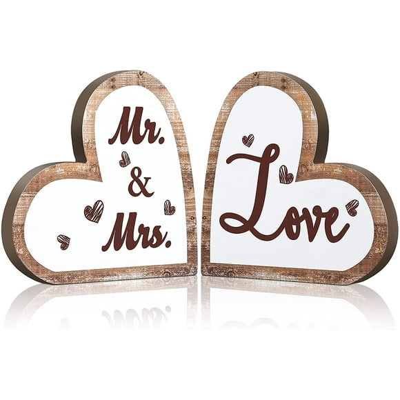 Mr and Mrs Sign Rustic Wood Love Sign Decor Heart Shaped Wooden Signs Decorative Heart Wooden Wedding Table Sign for Wedding Present Home Anniversary Party Valentine's Day