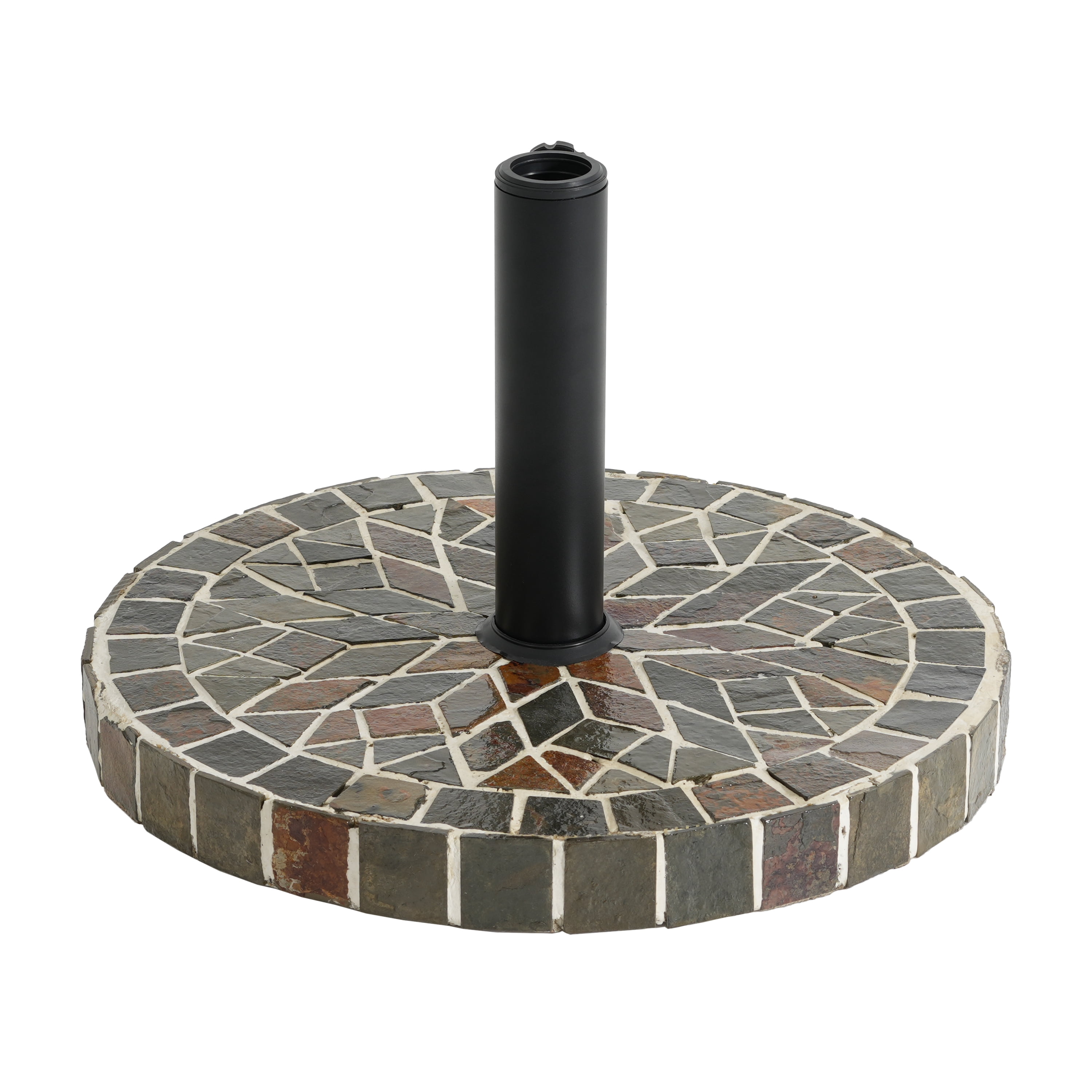 Umbrella Base with Ceramic Tile Mosaic and Concrete Fill, Round Patio Umbrella Stand and Outdoor Shade Base with Iron Pole, Mixed Color