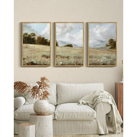 Retro Landscape Framed Wall Art 16x24in3pcs Large Grassland Wall Prints Classic Vintage Farmhouse Wall Decor for Living Room Bedroom Natural Framed