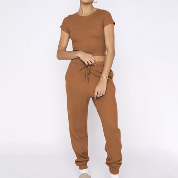 Njoeus Women's Casual 2 Piece Outfits Short Sleeve Crop Tops Sweatsuit Drawstring Waist Sweatpants Long Pants Set Tracksuit Lounge Jogging Suits