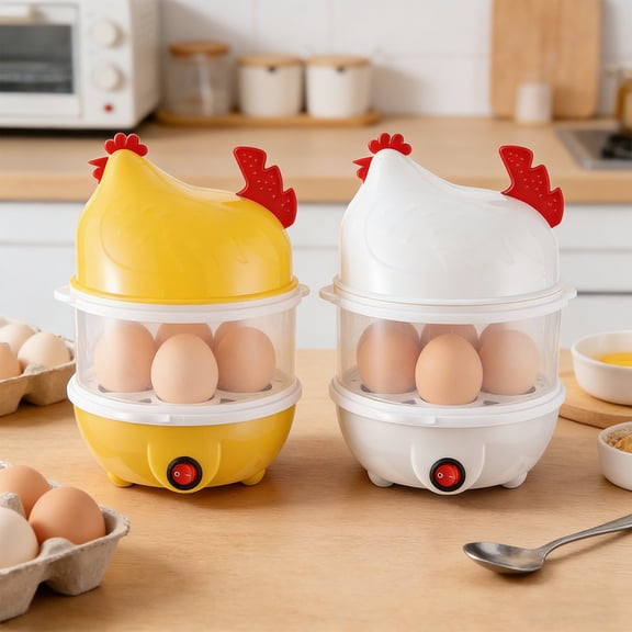 Double Layer Mini Egg Cooker - Cute Chicken Design Egg Steamer Boiler for Boiling Steaming Eggs US Plug Household Kitchen Multi-Function Small Appliance Fast Heating & Easy to Clean, Yellow