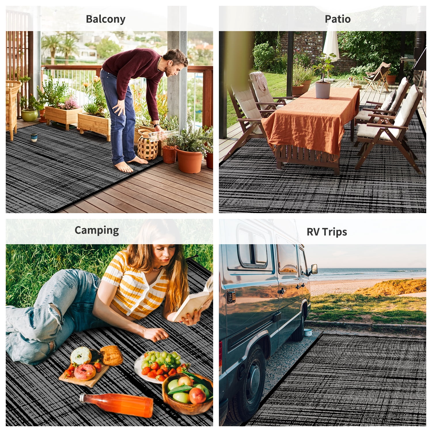 VUNATE Outdoor Rug Carpet 5'x8' Waterproof Reversible Patio Rug Portable Modern Abstract Indoor Outdoor Rug Plastic Straw Rug for RV Camping Garden Picnic Deck Backyard Porch Decor Black and Gray