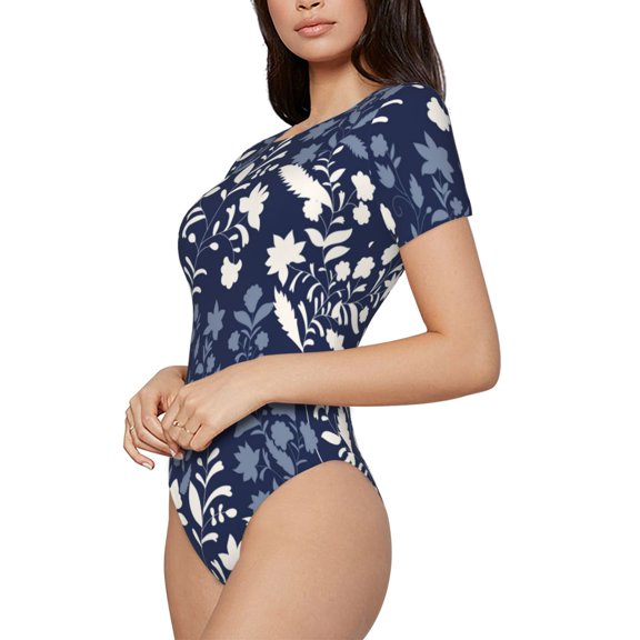 Fotbe Plant Women's Crew Neck Short Sleeves Bodysuit Tops Round Neck Slim Sleeveless Soft Comfortable Basic-Small