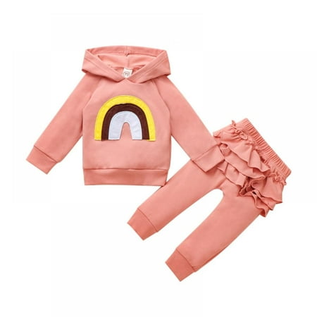 

Promotion!!Baby Girl Clothes Outfit Long Sleeve Hoodies Rainbow Pullover Ruffle Pants Kids Casual Cute Two-Piece