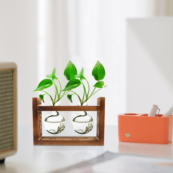 OUNONA Creative Wood Stand Hydroponic Planter Containers for Home Decorations Light Brown 1 Set