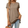 thumbnail image 3 of Women's Round Neck Solid Color T-Shirt Side Slit Casual Short-Sleeved Summer Sports Tunic Top, 3 of 6