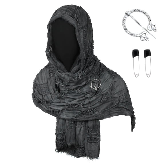 Unisex Medieval Hooded Cape Warrior Cosplay Cloak with Tattered Scarf for Halloween Renaissance Fair and LARP Black