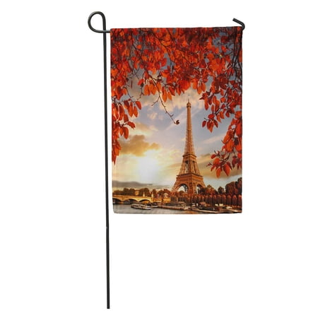 SIDONKU Blue Europe Eiffel Tower Autumn Leaves in Paris France Travel Architecture Garden Flag Decorative Flag House Banner 12x18 inch