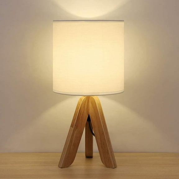 Wooden Tripod Nightstand Lamp White Fabric Shade