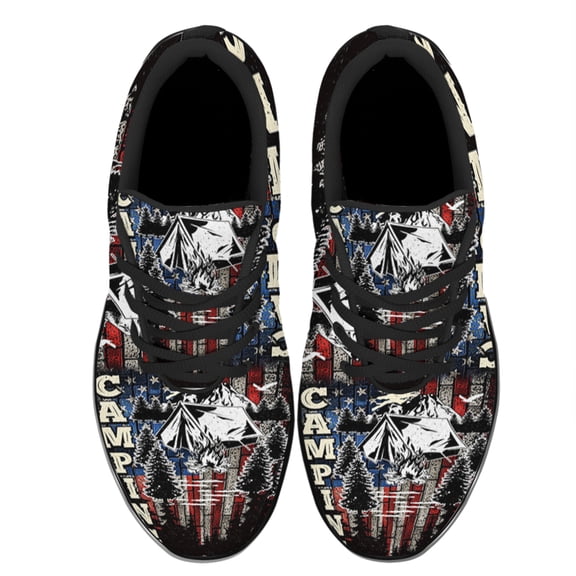 Camping American Flag Shoes Women's Fashion Sneakers Tennis Running Shoes for Men Women Black Size 3.5