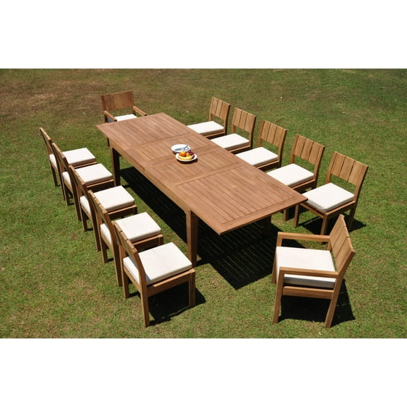 Grade-A Teak Dining Set: 12 Seater 13 Pc: 122" Caranas Double Extension Rectangle Table And 12 Veranda Chairs (2 Arm & 10 Armless Chairs) WholesaleTeak #WMVR26