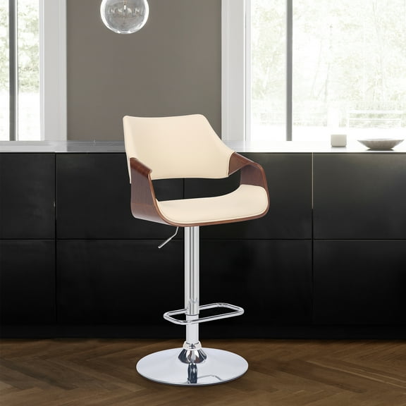 Aspen Adjustable Swivel Cream Faux Leather and Walnut Wood Bar Stool with Chrome Base