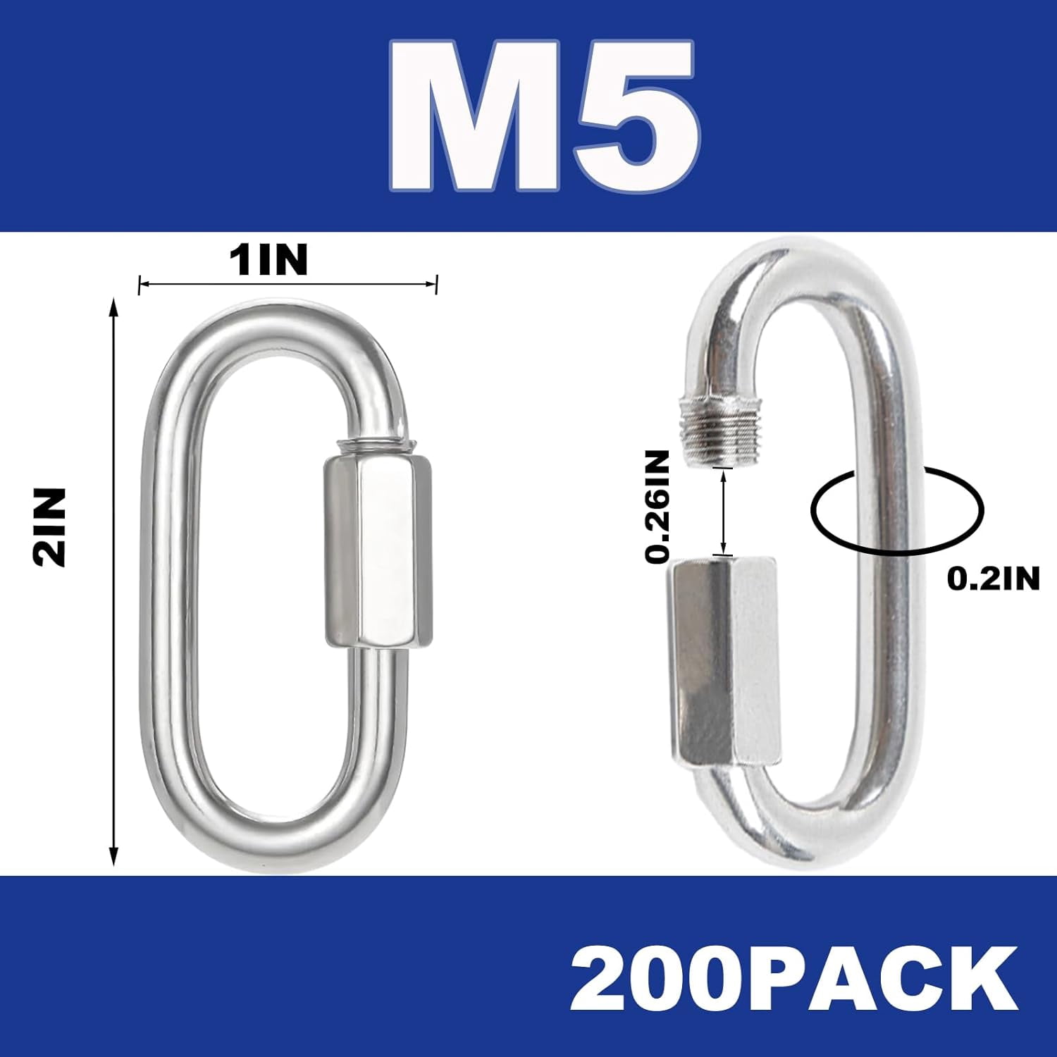 200PCS 2 Inches Chain Quick Links, M5 Screw Galvanized Steel Heavy Duty Chain Links, 3/16" Locking Carabiners for Connecting Hammock, Key Chain, Pet Leash,Gym,Camping 650 Lbs Capacity