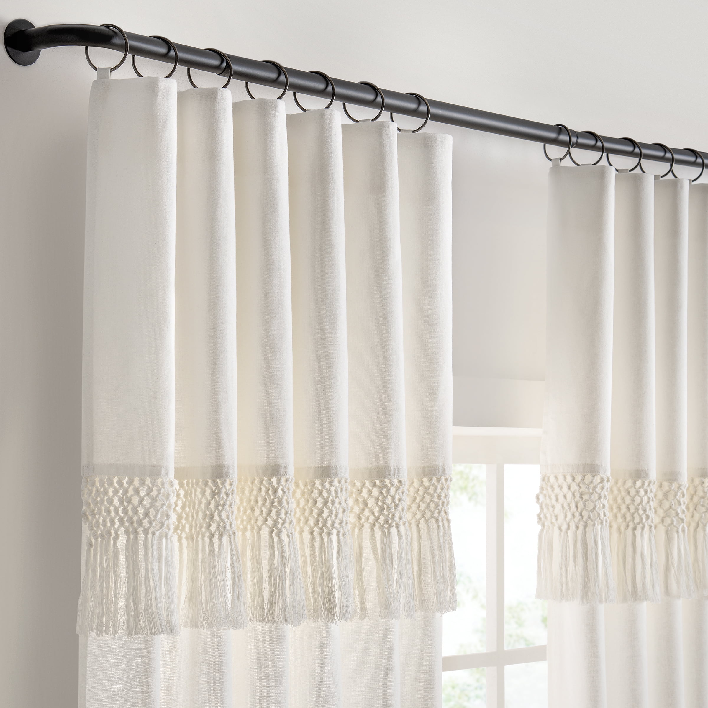 Drop Cloth Macrame Solid Cotton Light Filtering Ring Top Curtain Panel with Fringe Valance, Off-White, 50 x 108