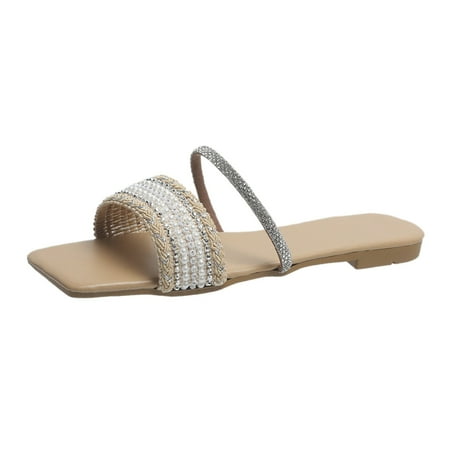 

Wesracia ladies shoes Summer Fashion Womens Casual Shoes Folded Leather Bohemian Rhinestone Open Toe Flat Slippers Woman Shoes for ladies summer