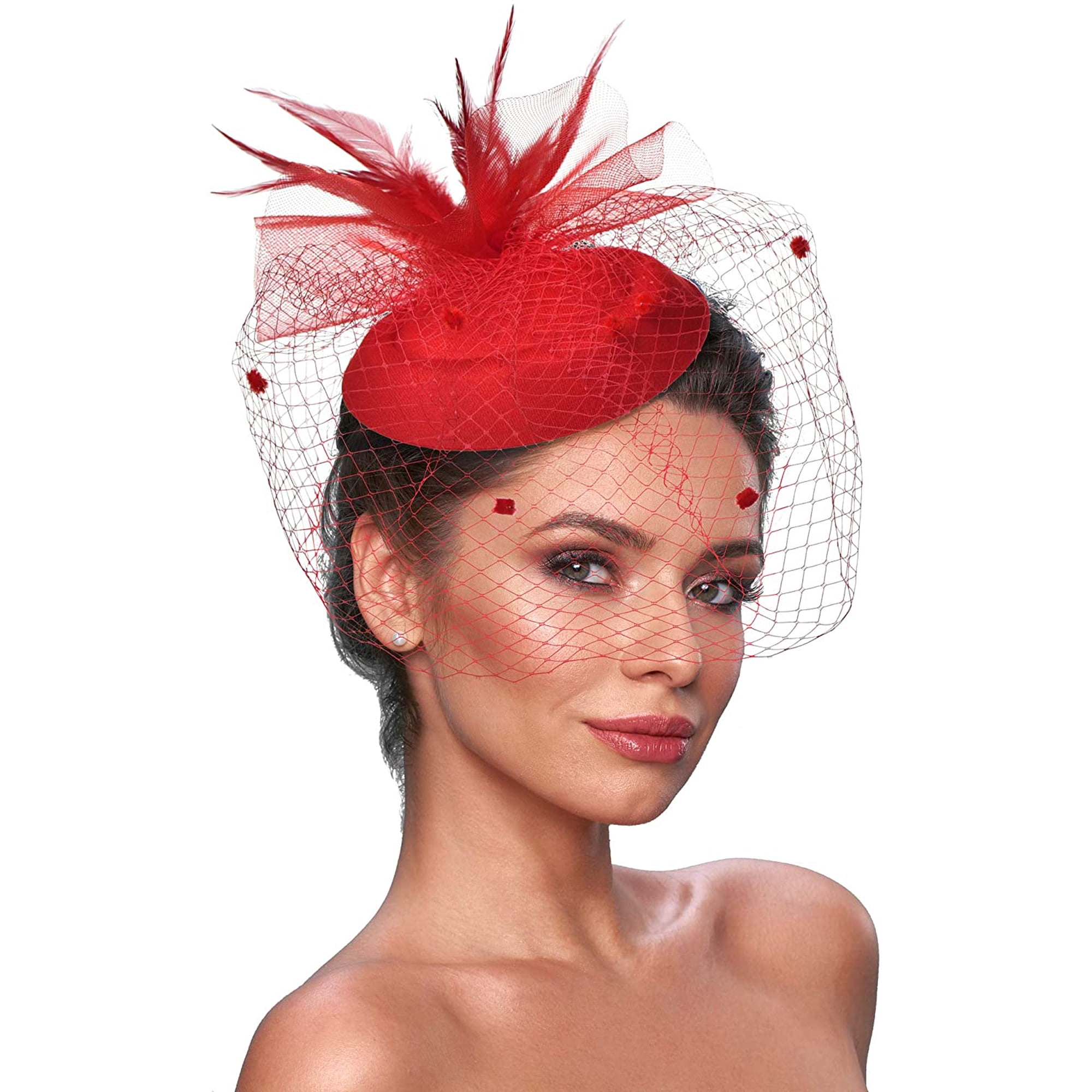 Vintage Feather Fascinator Hat with Veil - One Size Fits All Women Floral Feather Fascinator Hat for Women – Mesh Veil Headband  main image 3