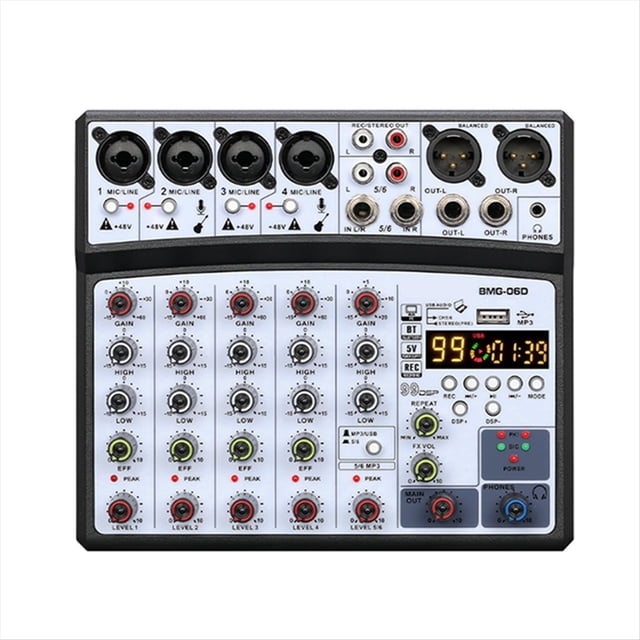 Mezclador de Audio de 6 Canales, Consola de Mezclas Portátil, Interfaz USB, Tarjeta de Sonido con 99-, Alimentación Fantasma de 48 V, Enchufe Estadounidense.