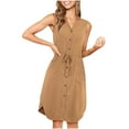 thumbnail image 1 of Summer Dresses for Women Trendy V Neck Button down Solid Drawstring Sleeveless Midi Dresses with Pockets, 1 of 6