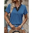 thumbnail image 4 of Camiseta con cuello en V para mujer Verano Suave Suelta Casual Manga corta Encaje Patchwork Top Blusa Azul L, 4 of 6