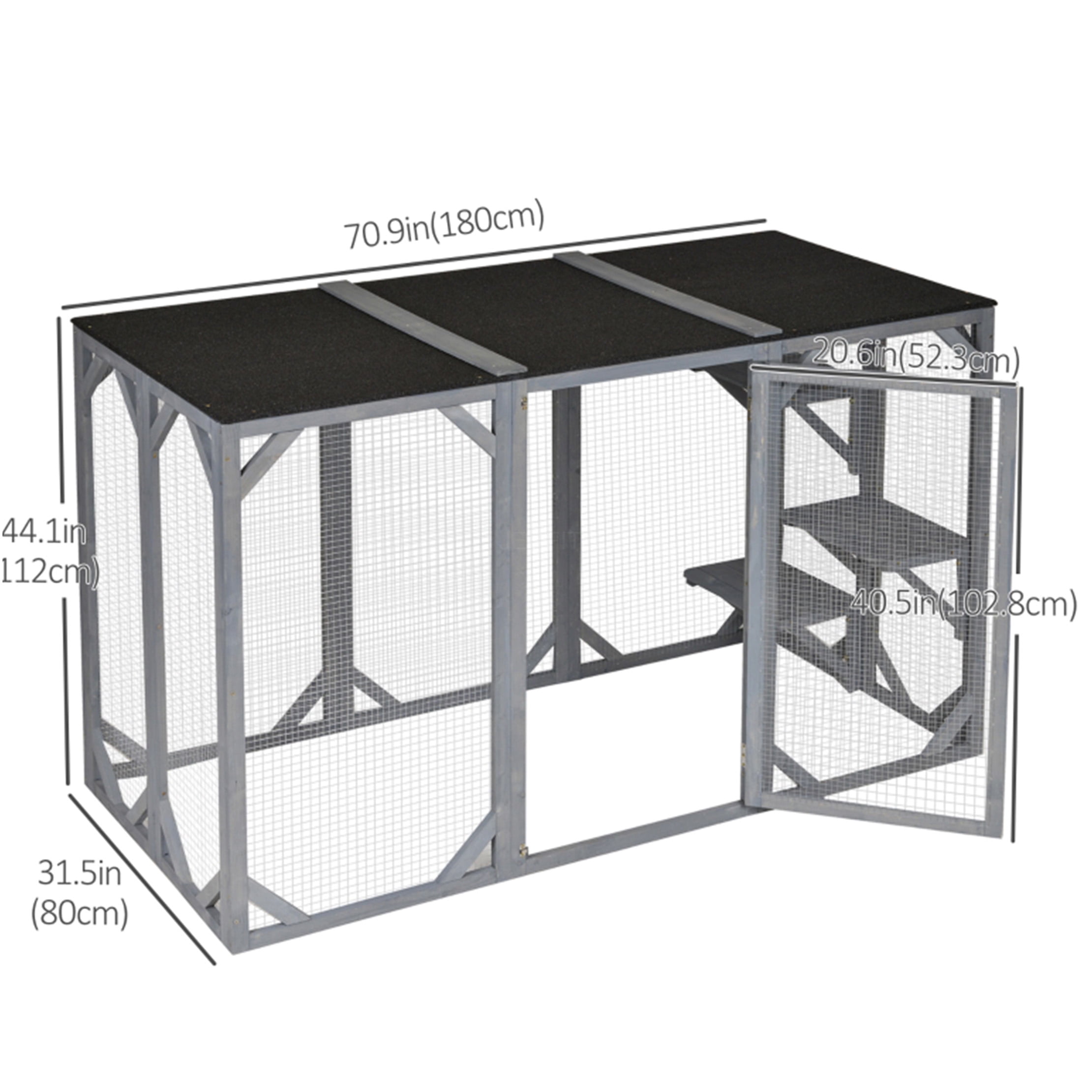 JERFIT Large Outdoor Catio Enclosure for Multiple Cats, Weatherproof Wooden Cat Cage Playpen with Asphalt Roof, Sturdy Wire Mesh, Grey