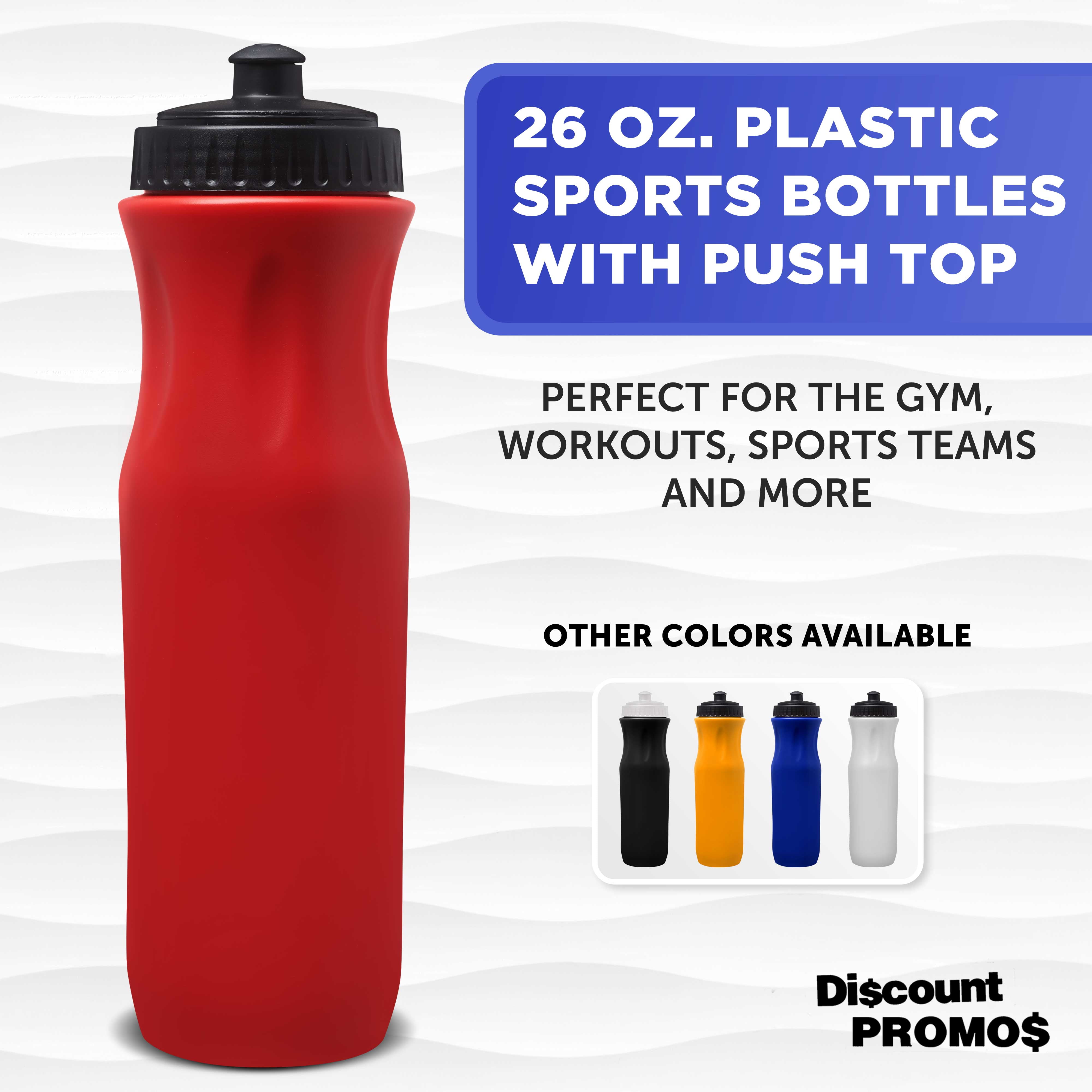 10 Plastic Water Bottles Set, 26 oz. - Black Push Top Lid - Red