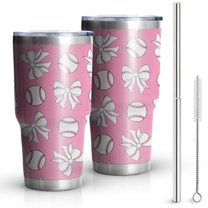 30oz Pink Bows and Baseballs Pattern Tumblers Stainless Steel Tumbler with Lid and Straw,Vacuum Insulated Double Wall Travel Tumbler Cups Mug with Cleaning Brush for Coffee,Tea