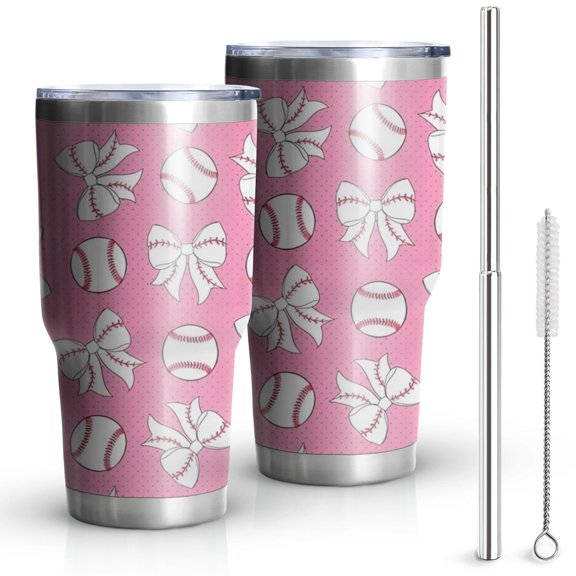30oz Pink Bows and Baseballs Pattern Tumblers Stainless Steel Tumbler with Lid and Straw,Vacuum Insulated Double Wall Travel Tumbler Cups Mug with Cleaning Brush for Coffee,Tea