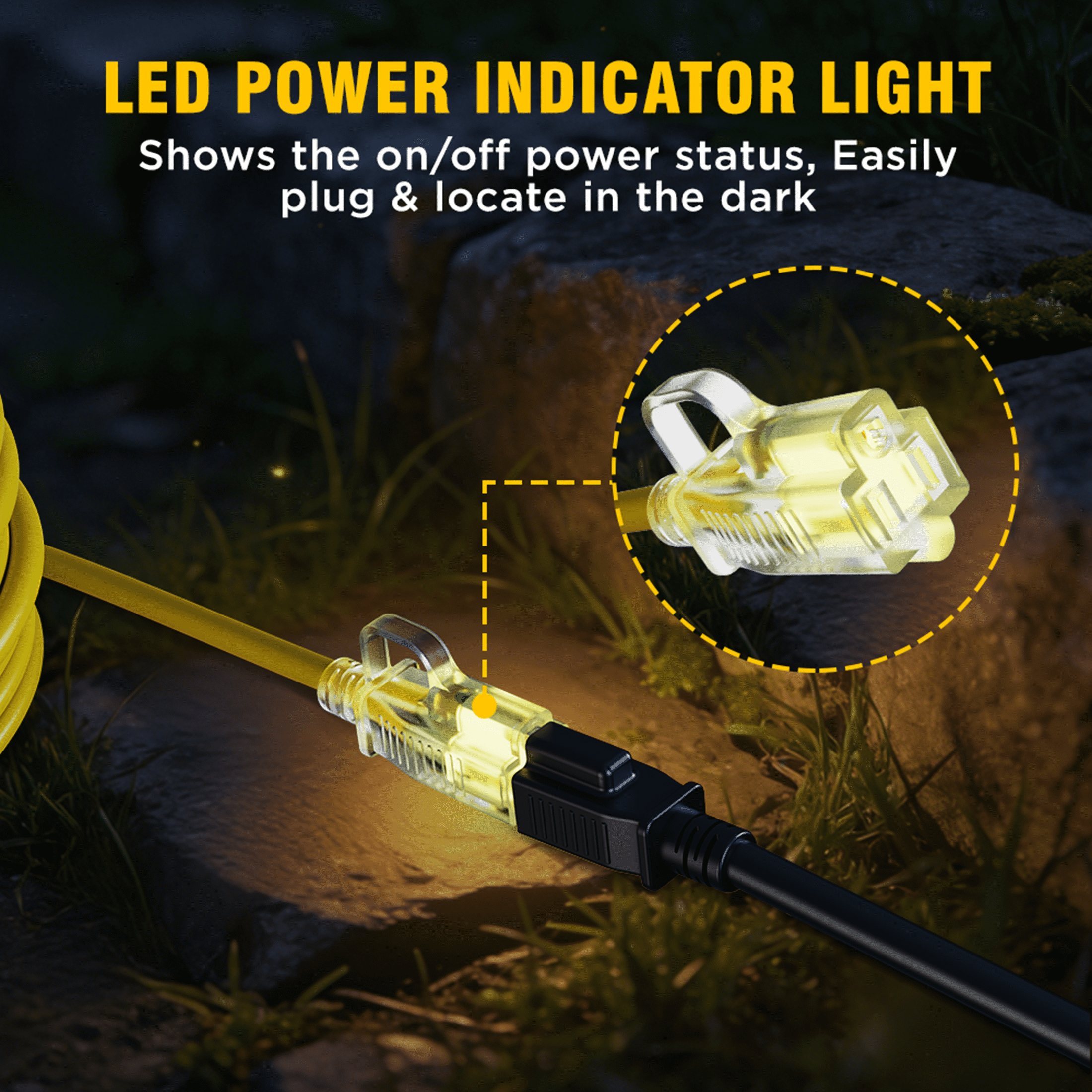12/3 Gauge Heavy Duty 25ft Outdoor Extension Cord, Waterproof with LED Lighted End,yellow,Waterproof,ETL,flexible