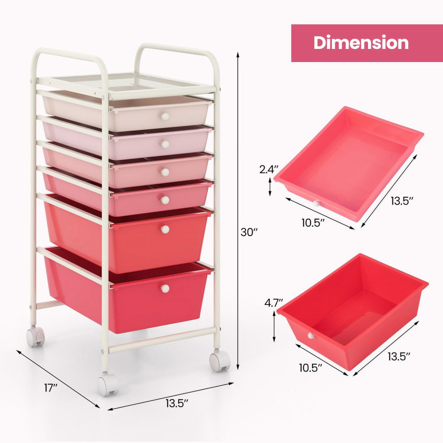 Resenkos Filing Cabinet Office Drawers, Office Storage Cabinet,6 Drawers Rolling Storage Cart Organizer-Pink