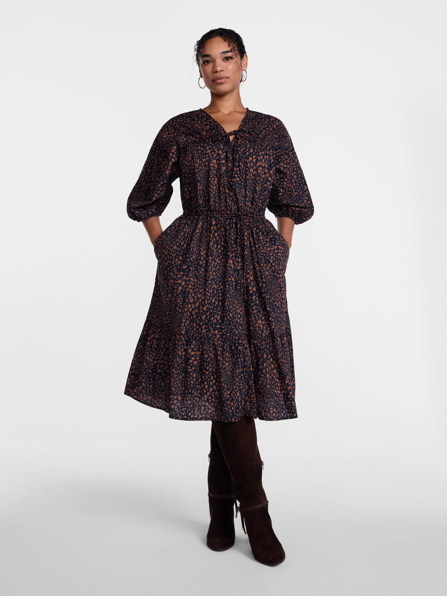 Scenario Women's and Women's Plus Midi Dress with Puff Sleeves, Sizes XS-4X