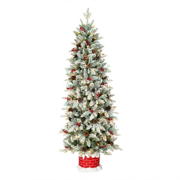 National Tree Company Pre-lit Feel Real® Artificial Christmas Tree, Green, Snowberry Pine Half Tree, Flocked, Red Berries, Cypress Tips, Pine Cones, Red Chimney Base, 100 Clear Lights, 5 Feet