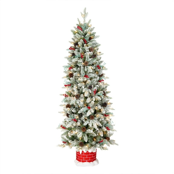 National Tree Company Pre-lit Feel Real® Artificial Christmas Tree, Green, Snowberry Pine Half Tree, Flocked, Red Berries, Cypress Tips, Pine Cones, Red Chimney Base, 100 Clear Lights, 5 Feet