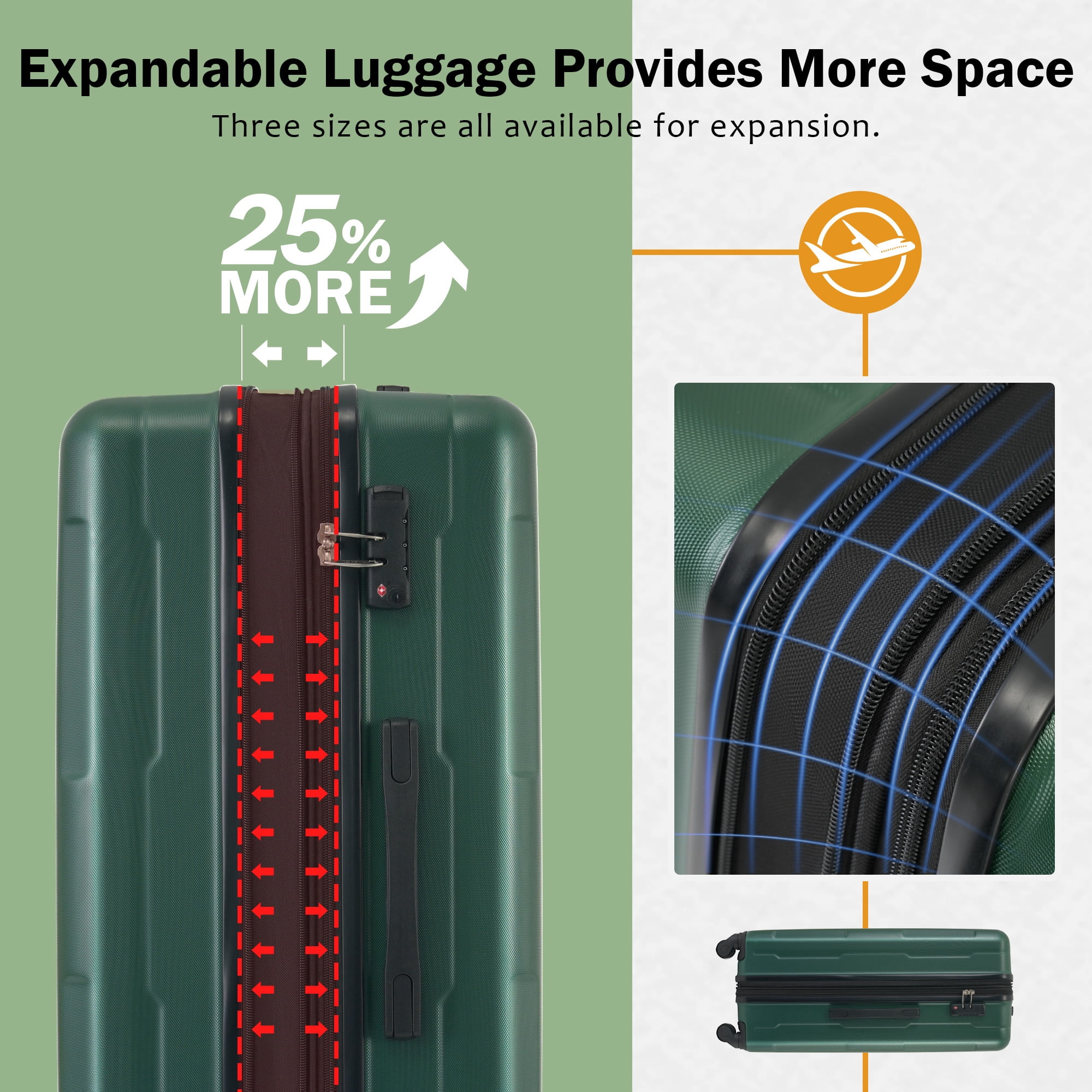 EUROCO 4-Piece Luggage Sets with Expandable Spinner Wheels,Hardside Carry On 20"& 24" Checked Luggage Set with TSA Lock and Scratch-Resistant Surface, Green