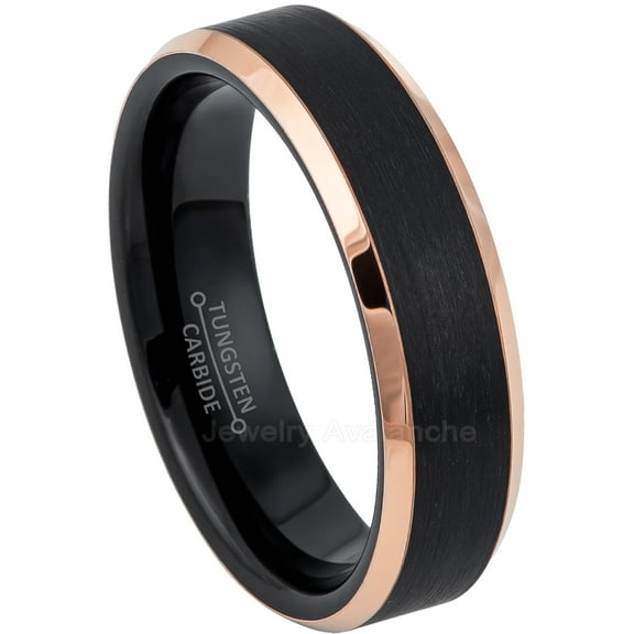 2-Tone Tungsten Wedding Ring - Band for Mens & Womens- 6mm Beveled Edge Tungsten Ring - 2-Tone Black & Rose Gold Tungsten Band