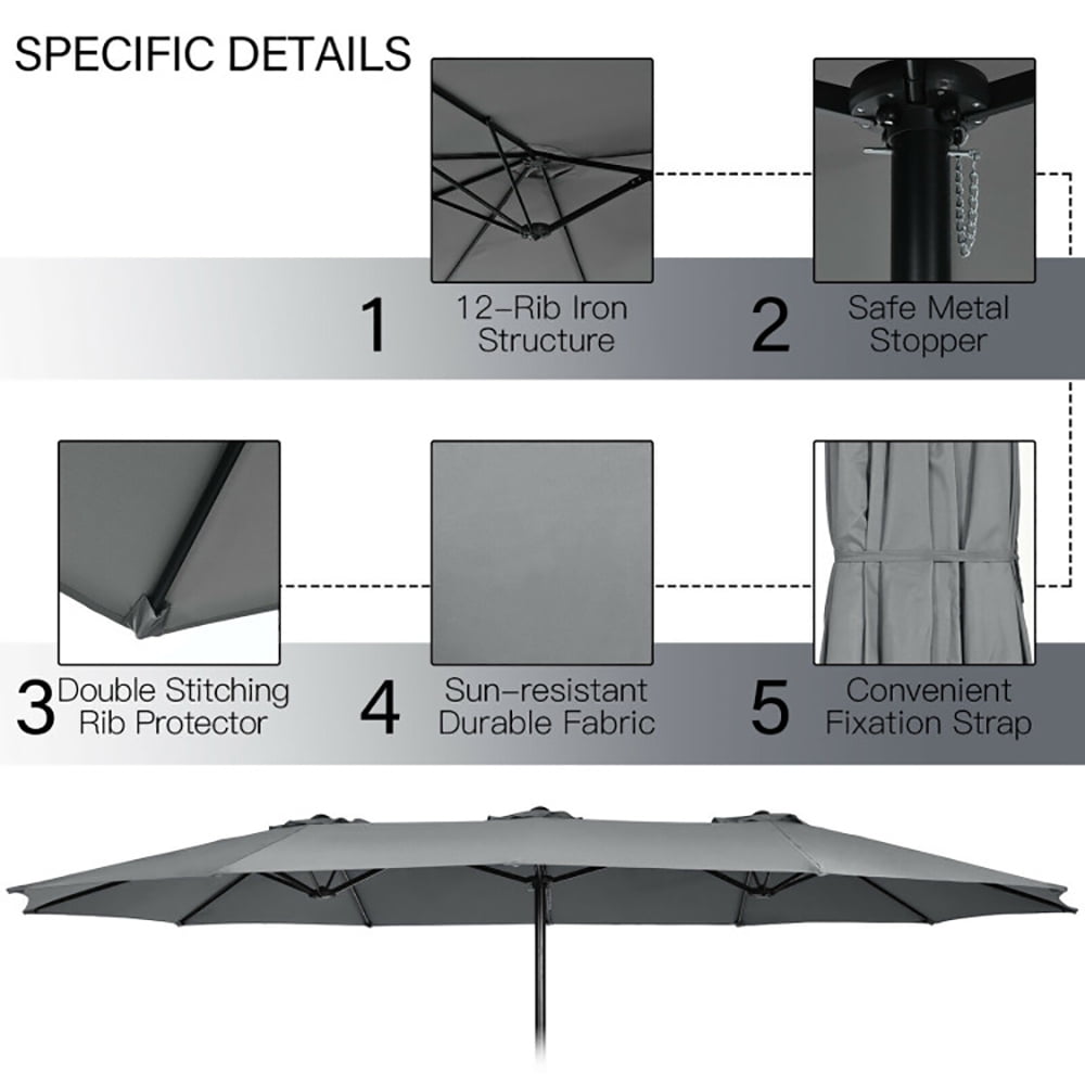 Aimee Lii 15 Feet Double-Sided Twin Patio Umbrella with Crank and Base, Sunbrella Patio Umbrellas, Gray