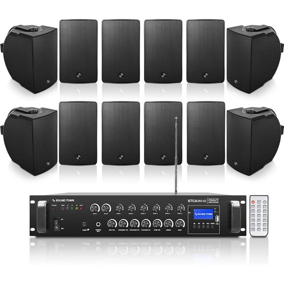 Sound Town Commercial Restaurant Bluetooth Amplifier   Surface-Mount Speaker Set, with One 6-Zone 70V/100V Amplifier, 12 x Weather-Resistant 6.5-Inch Surface-Mount Speakers, Black (STCA360X12TV6B)
